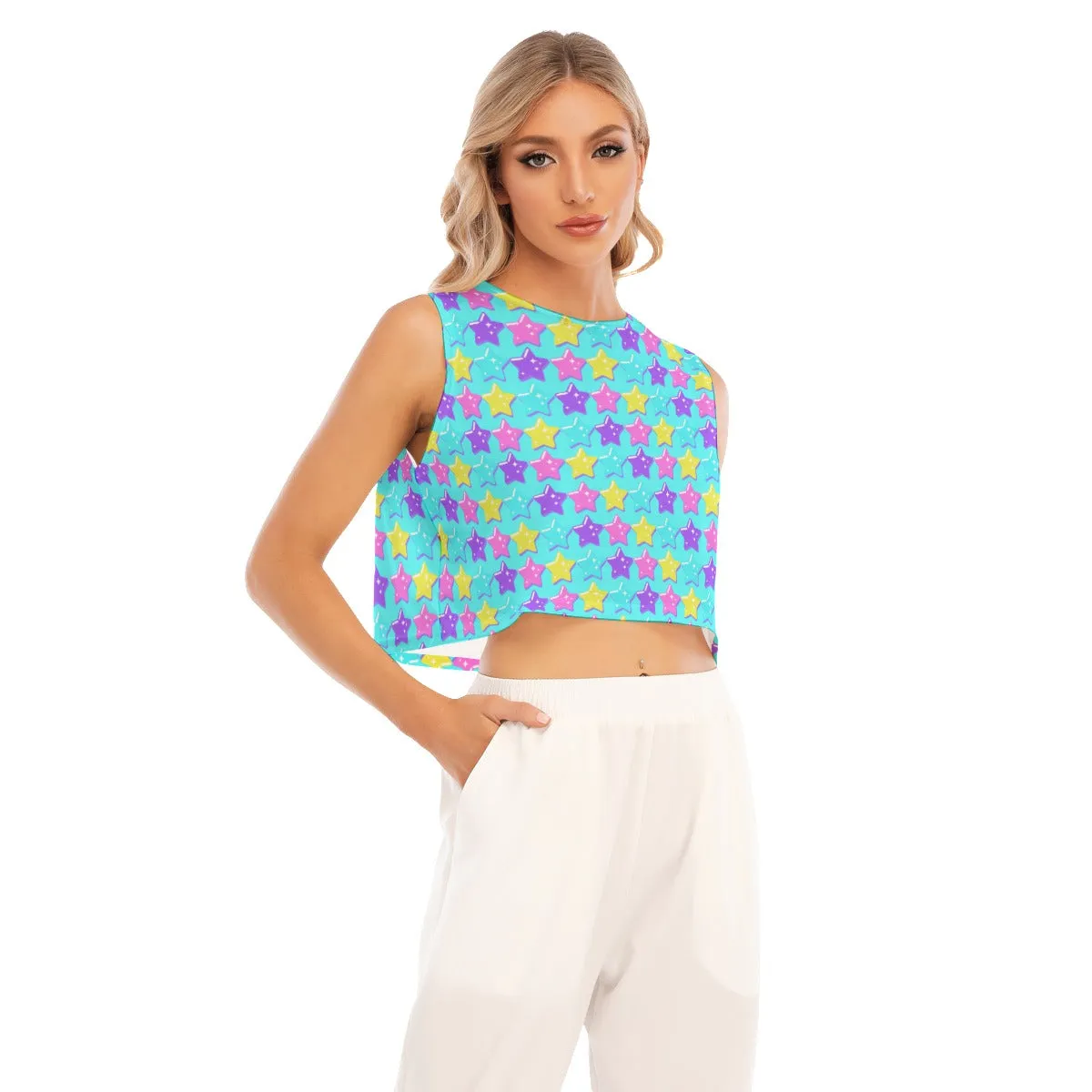 Electric Star Wave Blue Sleeveless Relaxed Fit Crop Top