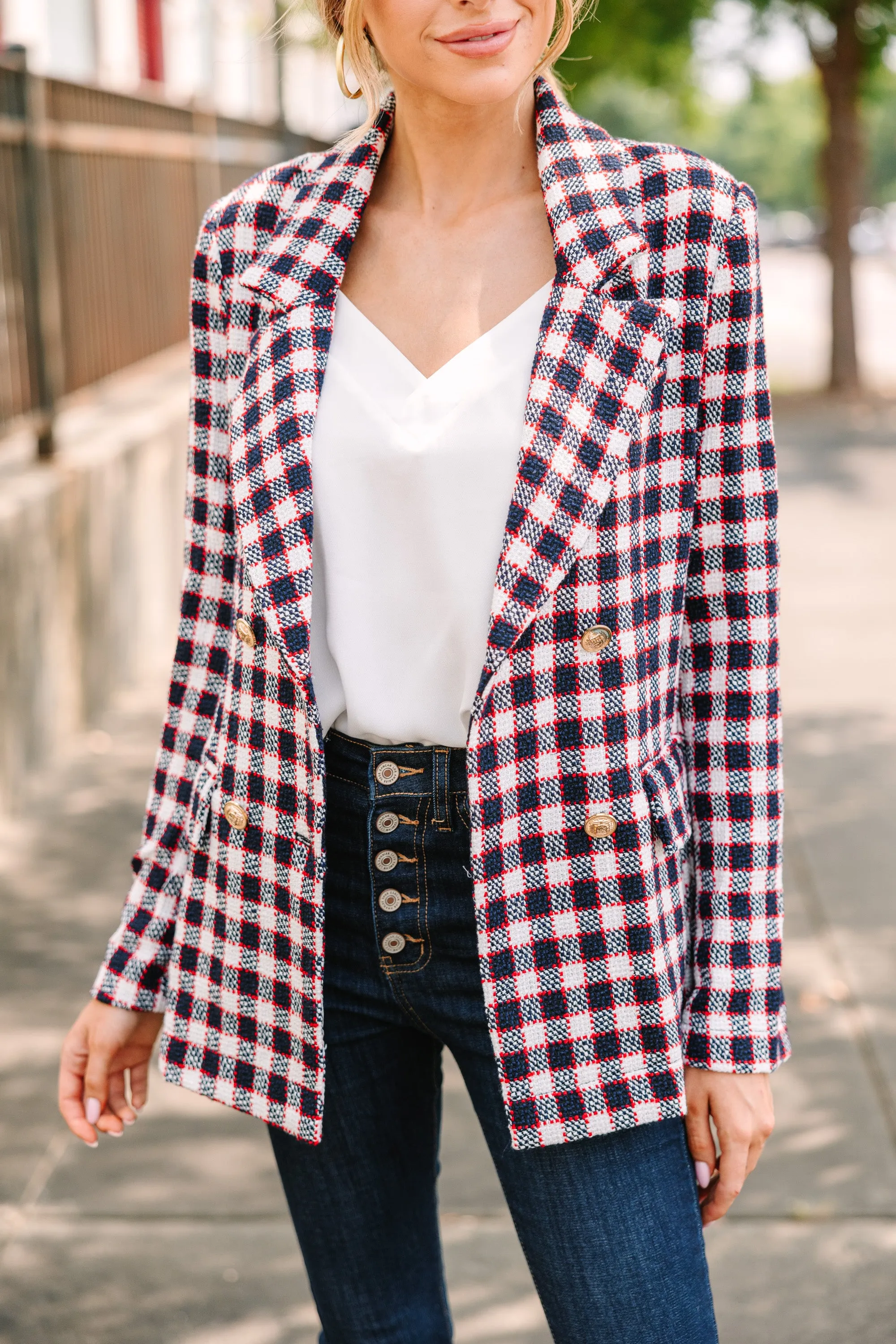 Get A Feeling Navy Blue Plaid Blazer