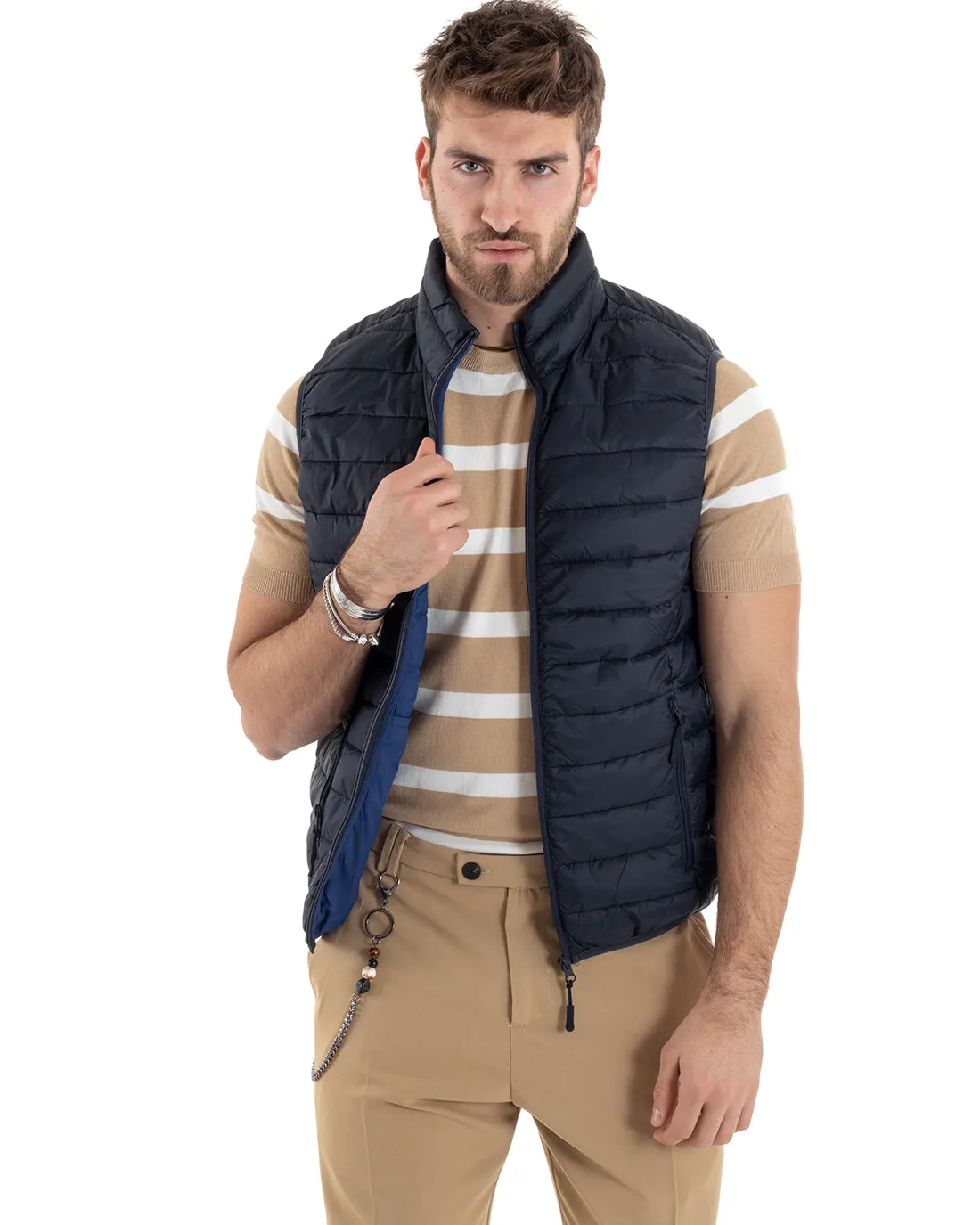 Gilet Uomo Giubbotto Giromanica Piumino Tinta Unita Blu Casual Basic GIOSAL-G3036A