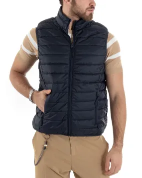 Gilet Uomo Giubbotto Giromanica Piumino Tinta Unita Blu Casual Basic GIOSAL-G3036A