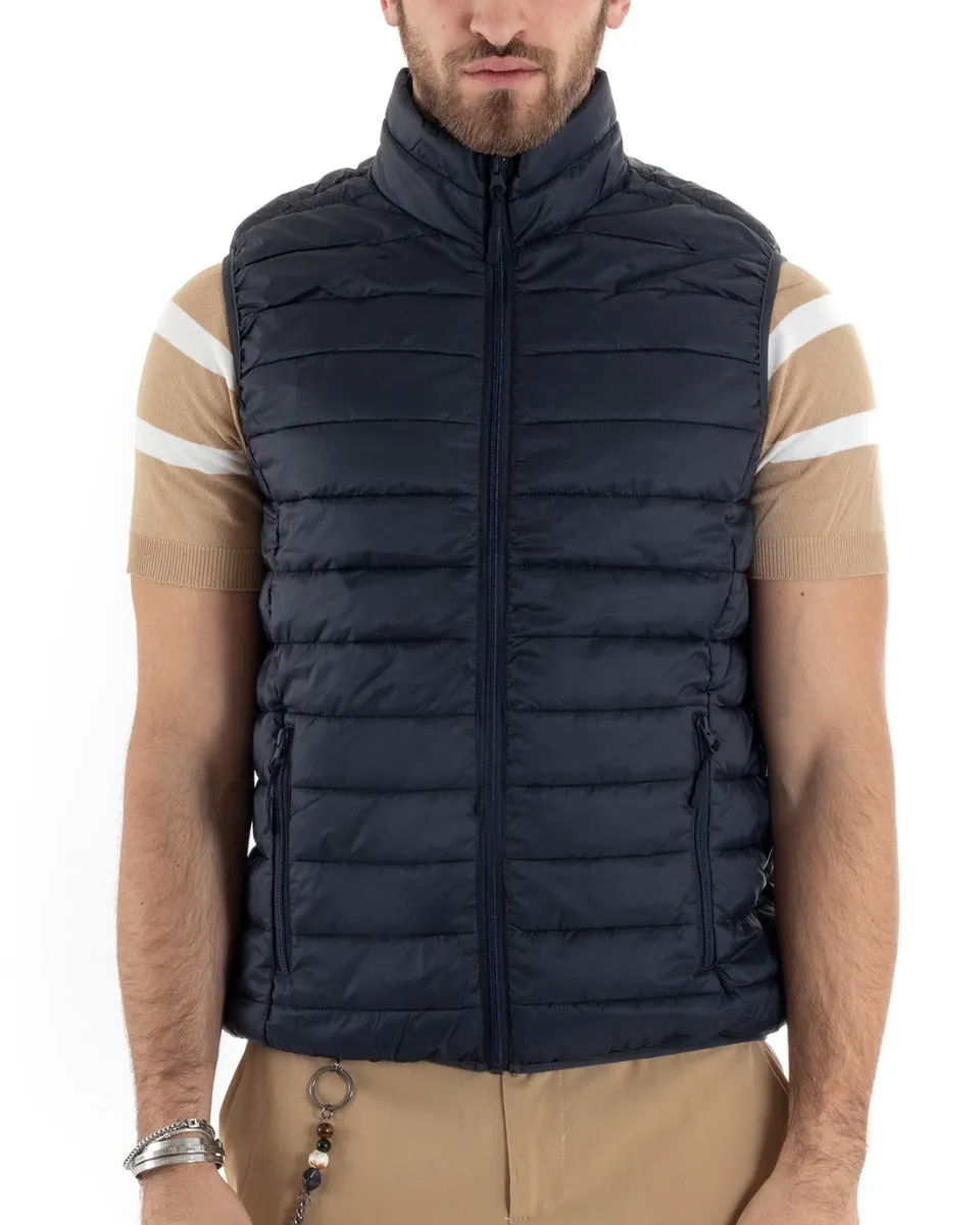 Gilet Uomo Giubbotto Giromanica Piumino Tinta Unita Blu Casual Basic GIOSAL-G3036A