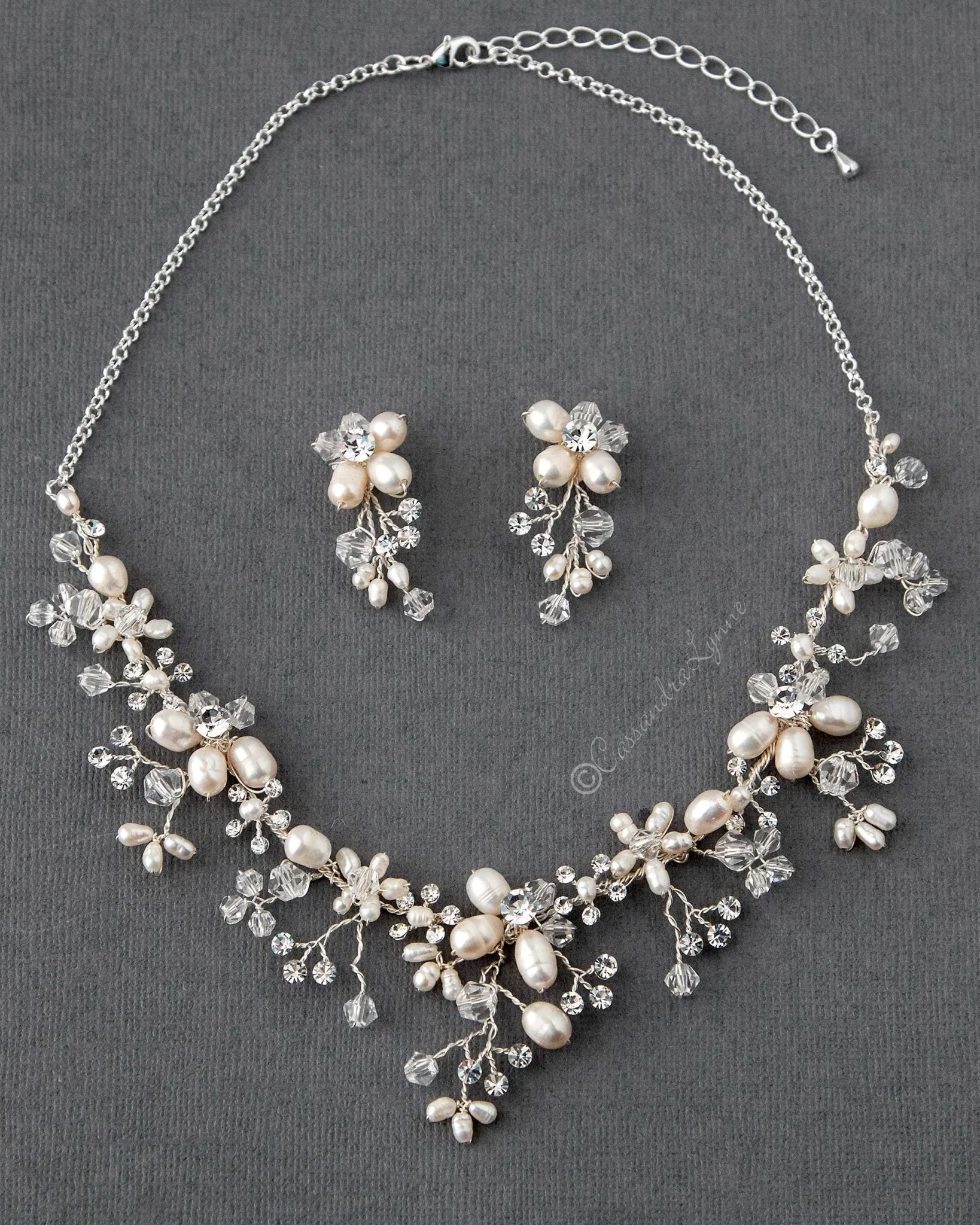 Handmade Pearl and Crystal Bridal Necklace Set