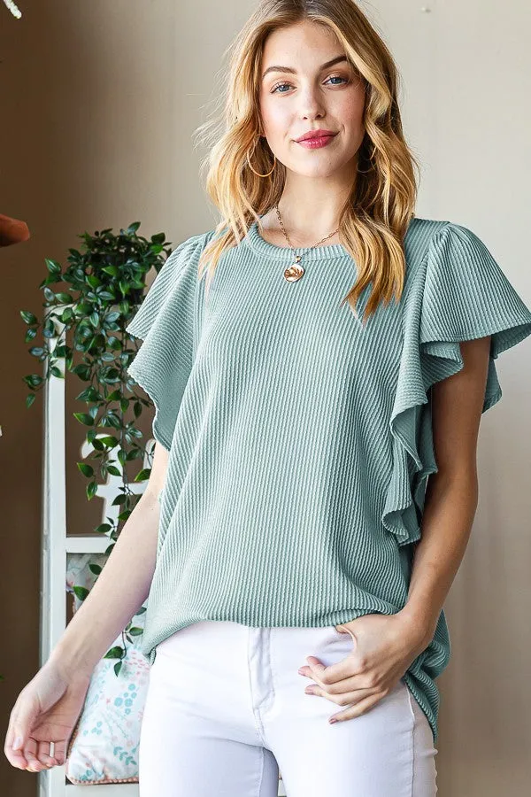 Heimish Ruffled Sleeve Solid Ribbed Top