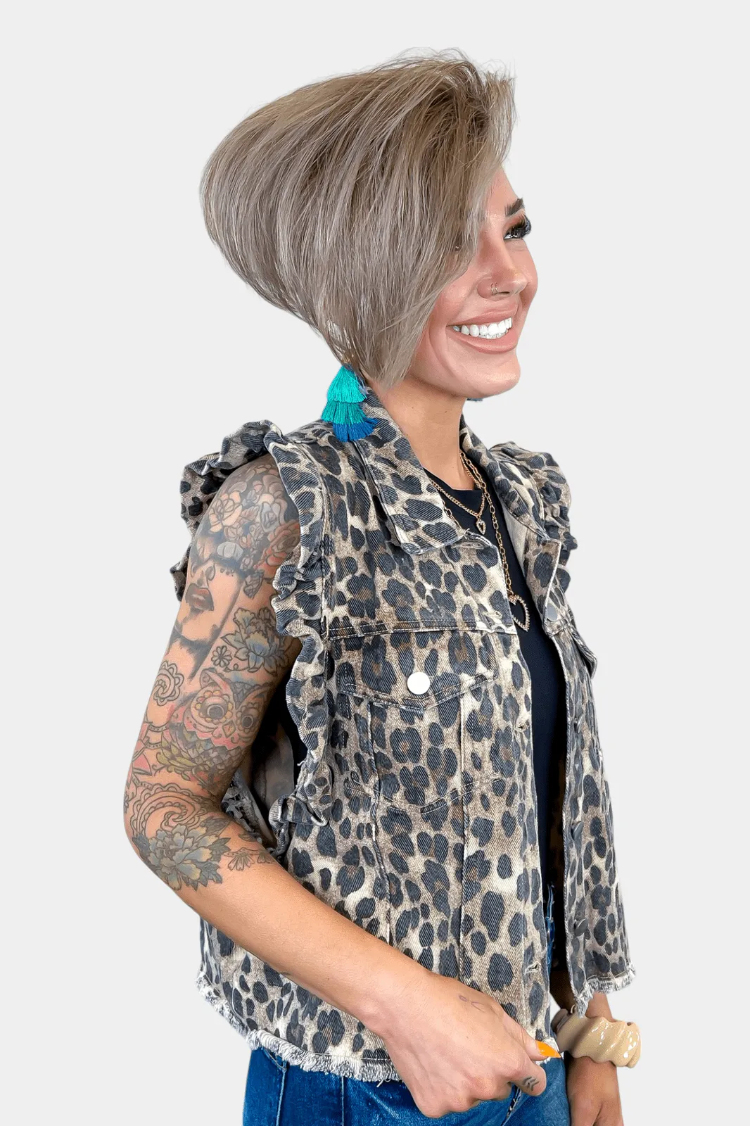 Leopard Ruffled Denim Vest