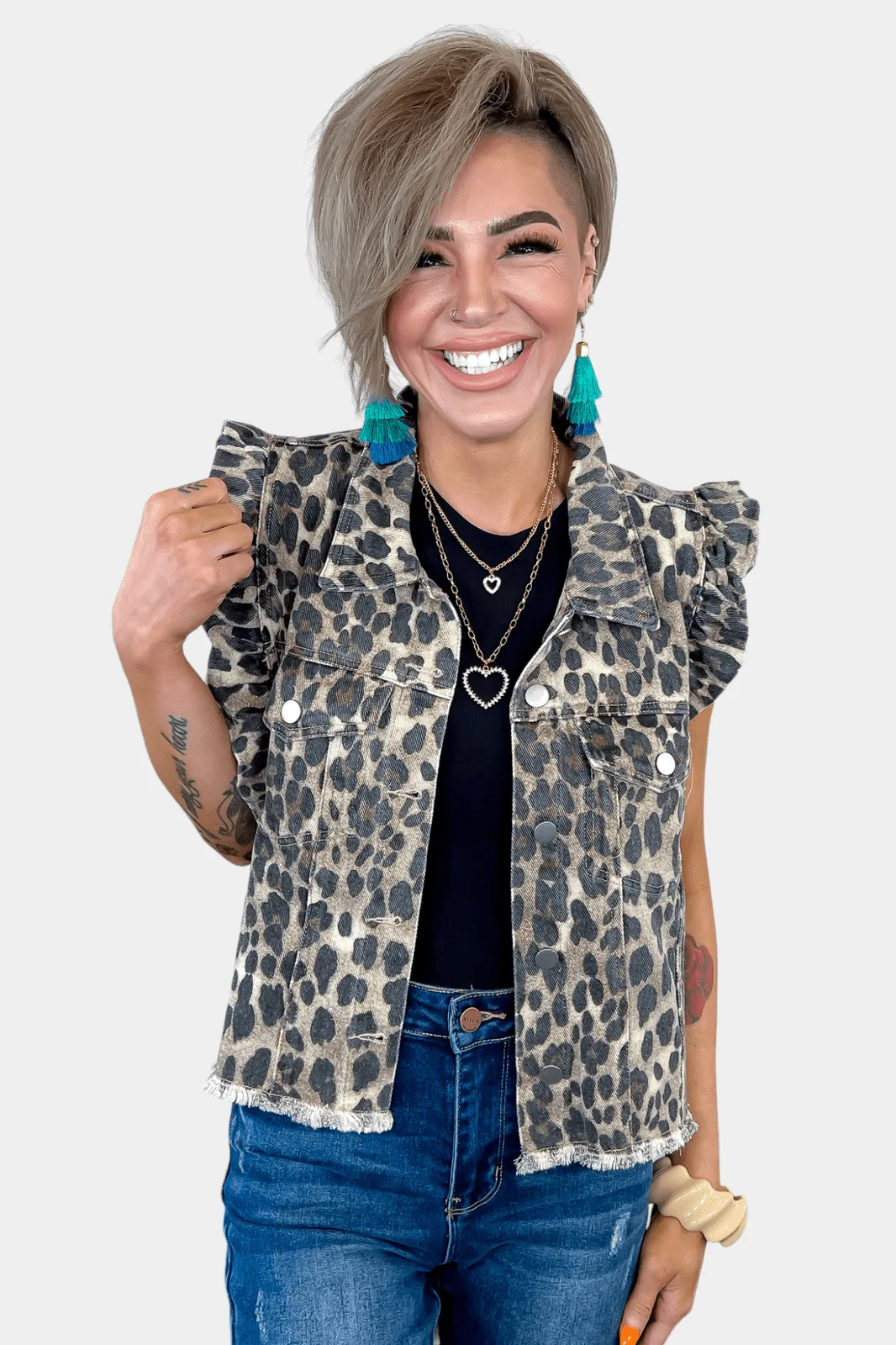 Leopard Ruffled Denim Vest