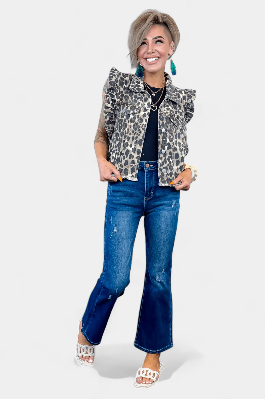 Leopard Ruffled Denim Vest