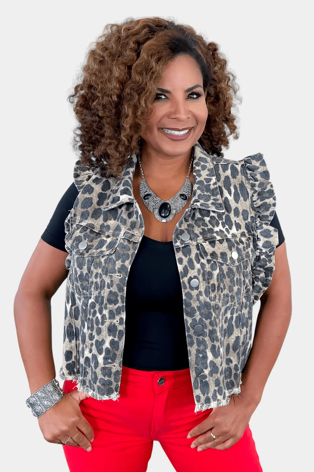 Leopard Ruffled Denim Vest