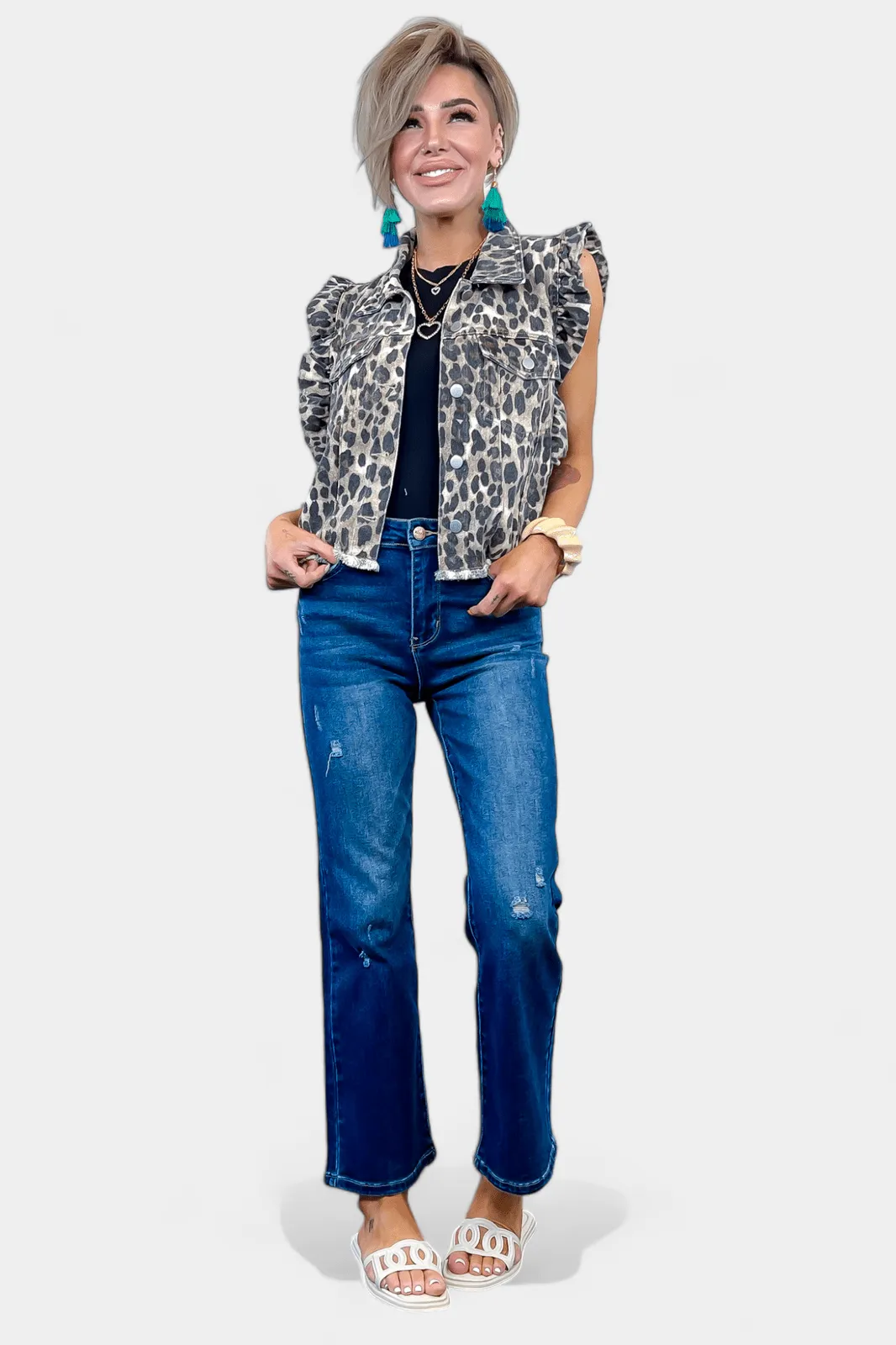 Leopard Ruffled Denim Vest