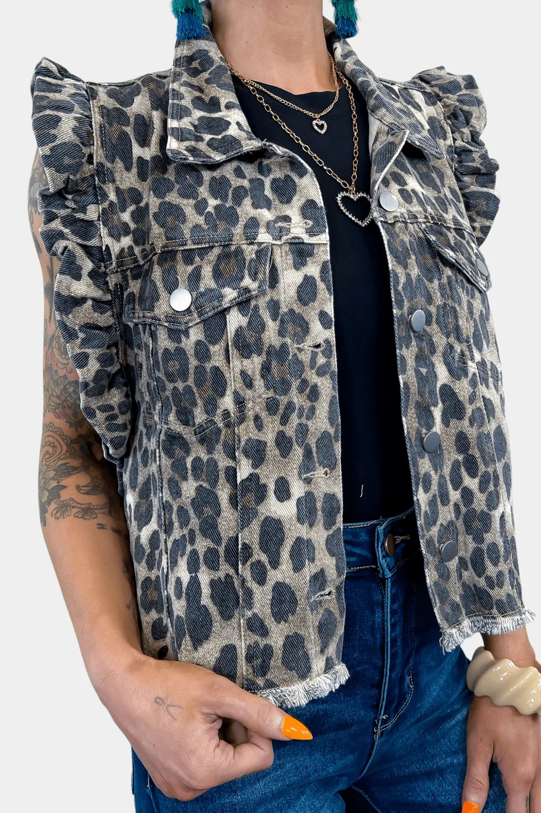 Leopard Ruffled Denim Vest