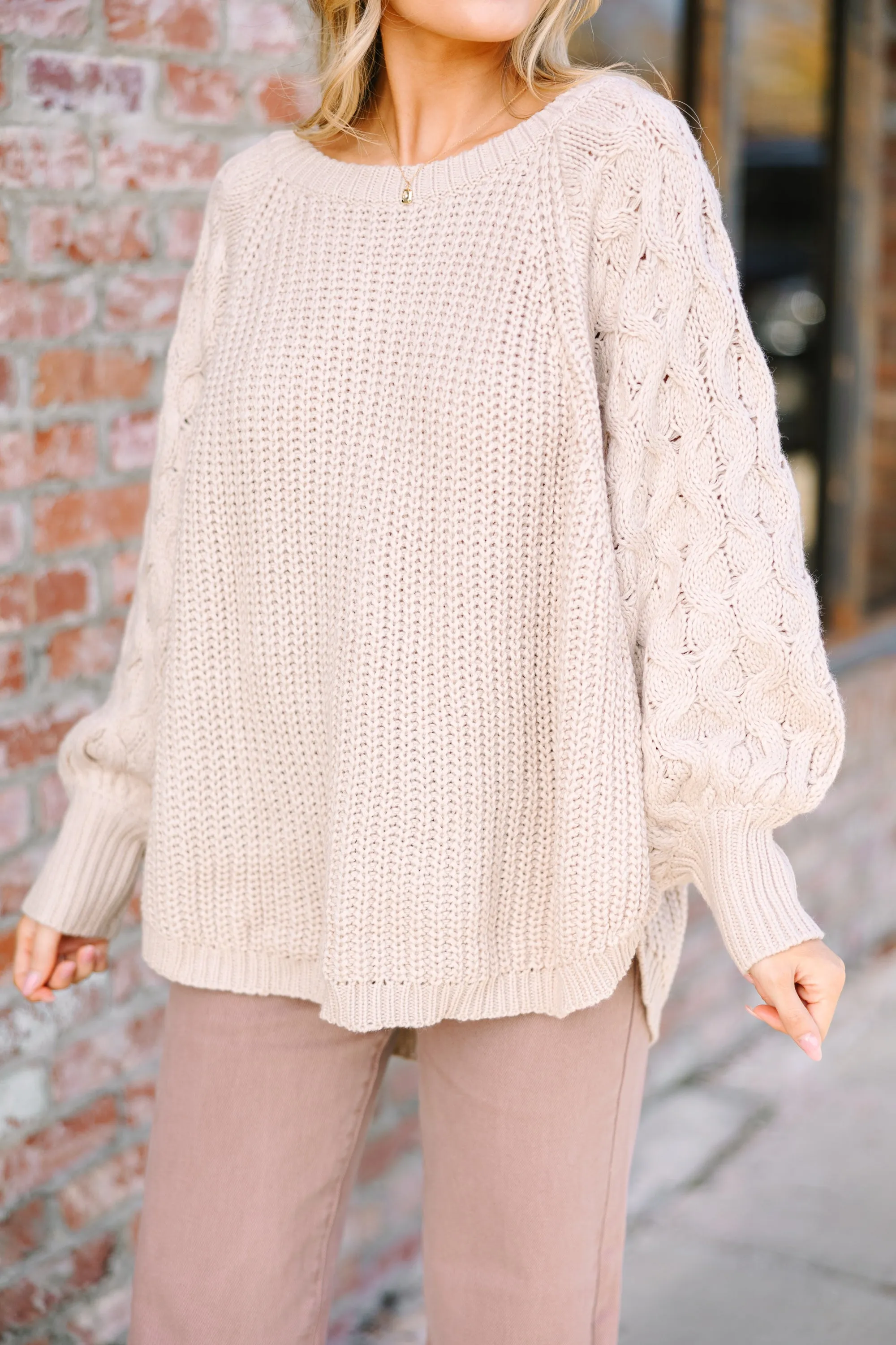 Living Your Dream Oatmeal White Cable Knit Sweater