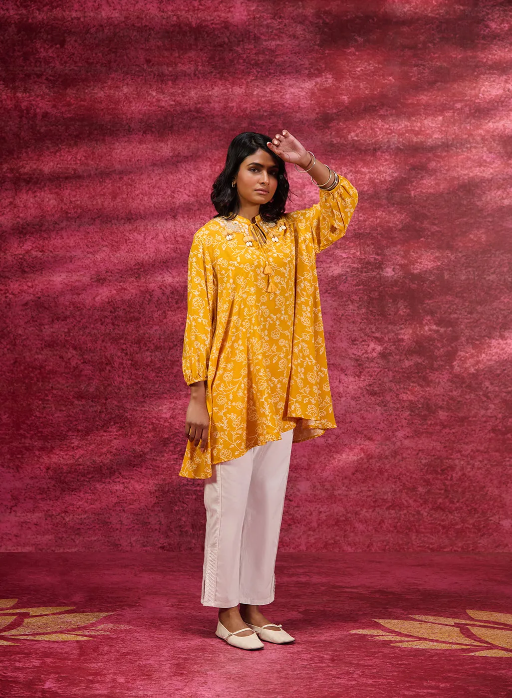 Luna Chrome Yellow Printed Rayon Long Top for Women