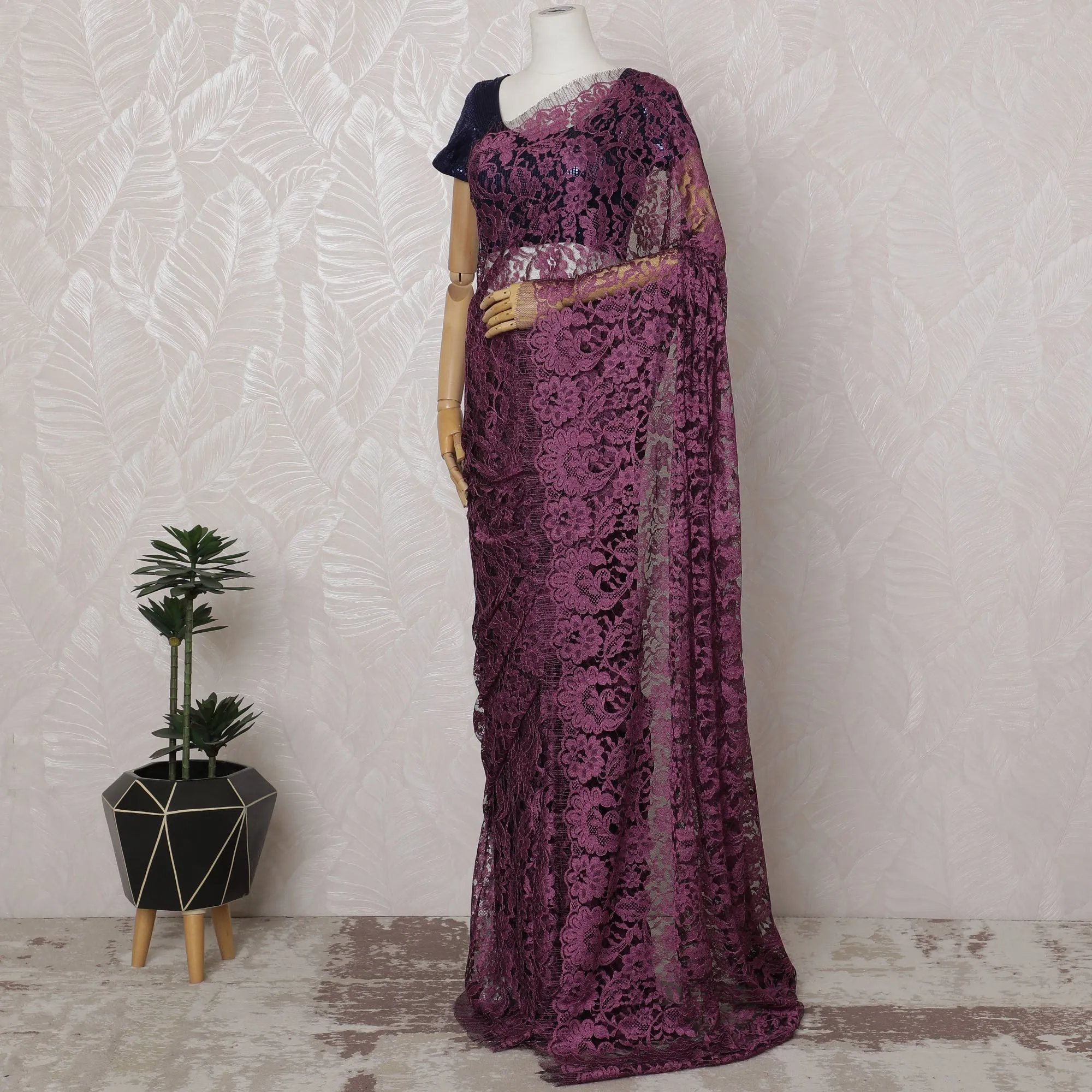 Magenta and Mauve French Two-tone Chantilly Lace Saree - 110 cm Width, 5.5 Meters-D20172