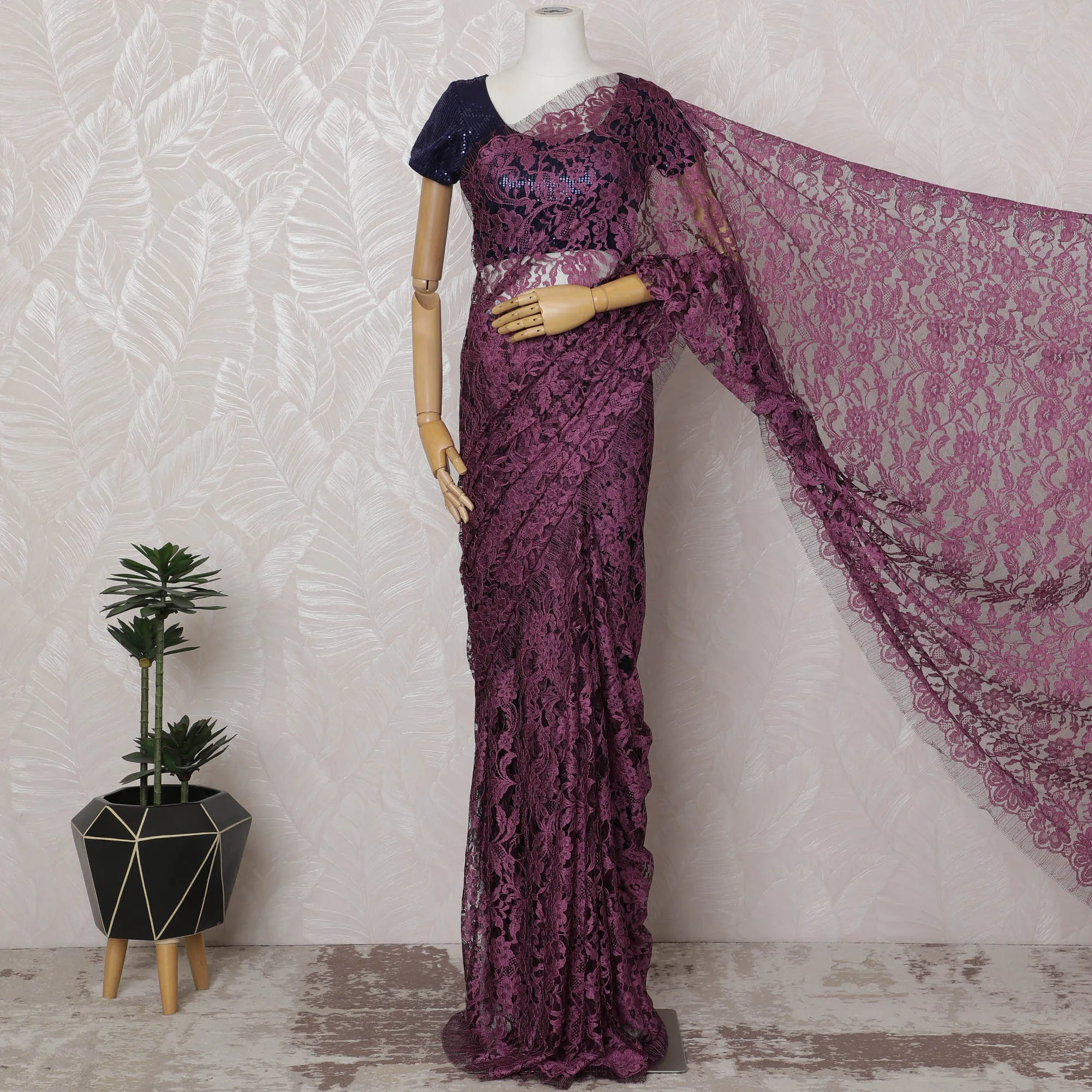 Magenta and Mauve French Two-tone Chantilly Lace Saree - 110 cm Width, 5.5 Meters-D20172