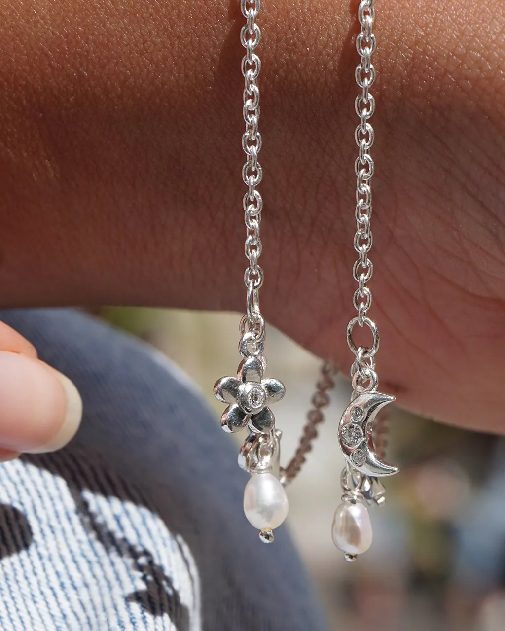 Moon Bracelet in Sterling Silver with lab grown Diamonds & Pearl