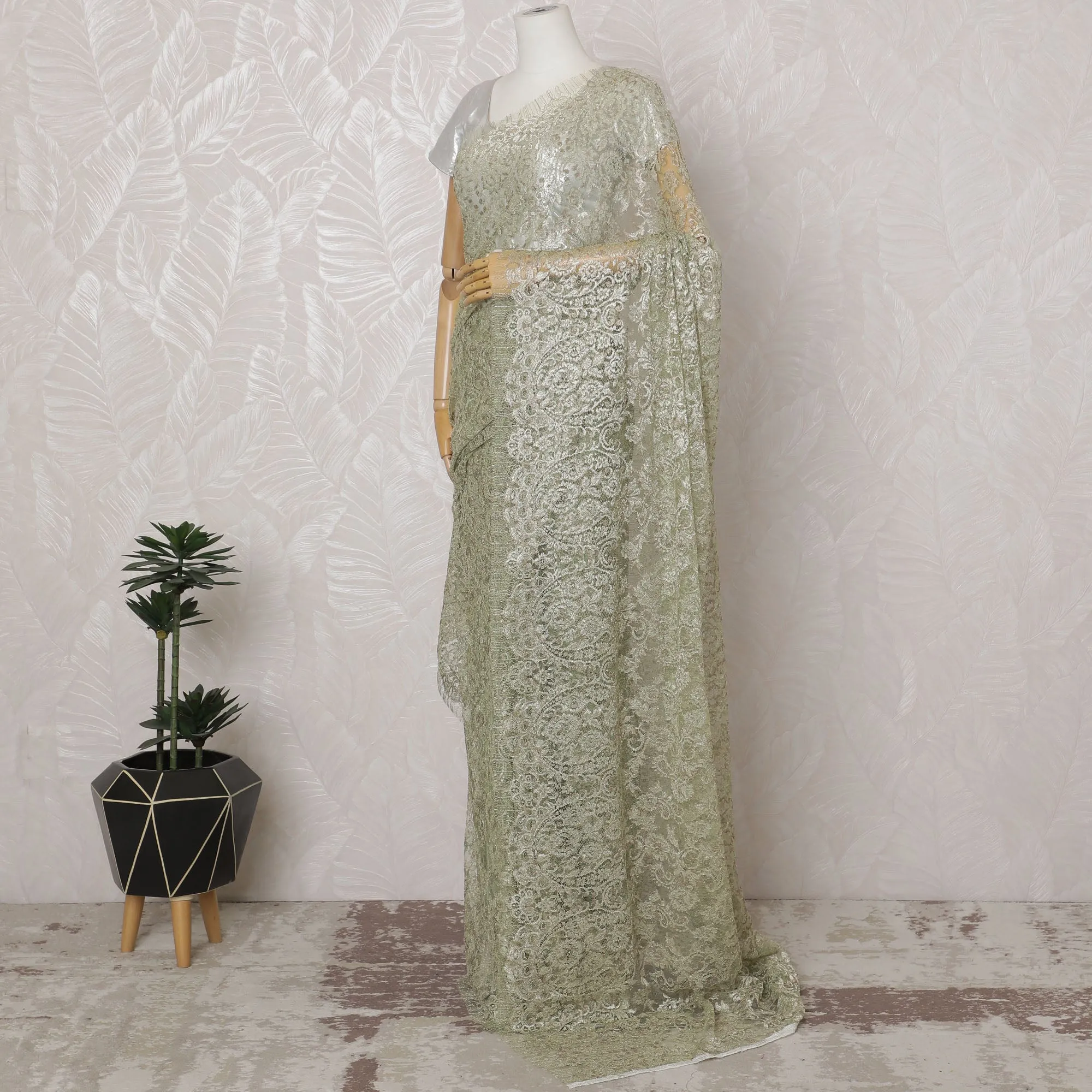 Moss Green French Metallic Chantilly Lace Saree - 110 cm Width, 5.5 Meters-D20162