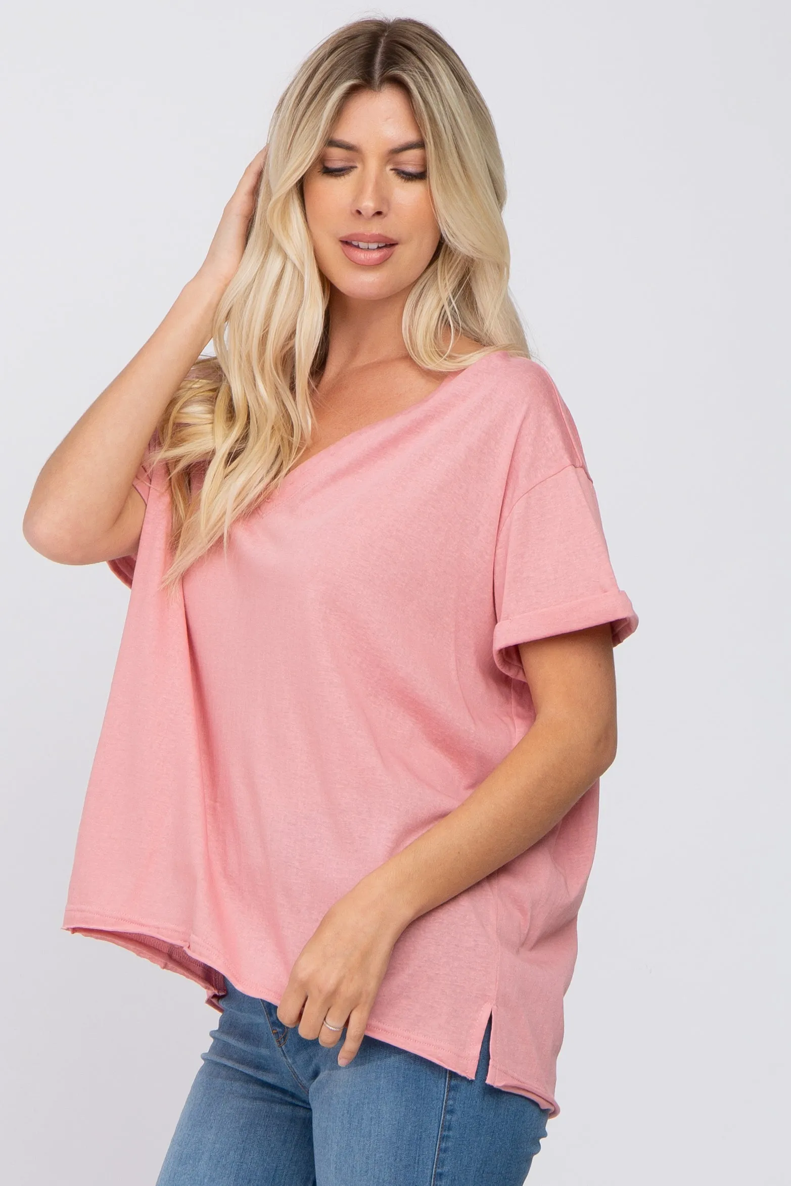 Pink Basic Rolled Short Sleeve Top