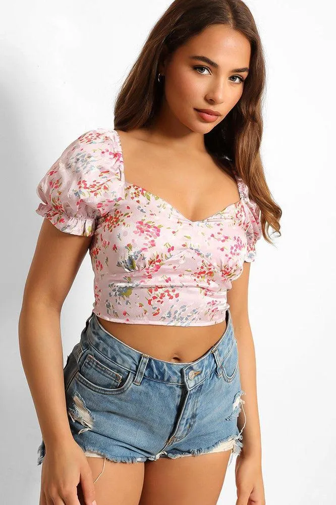 Pink Satin Floral Finish Shirred Crop Top