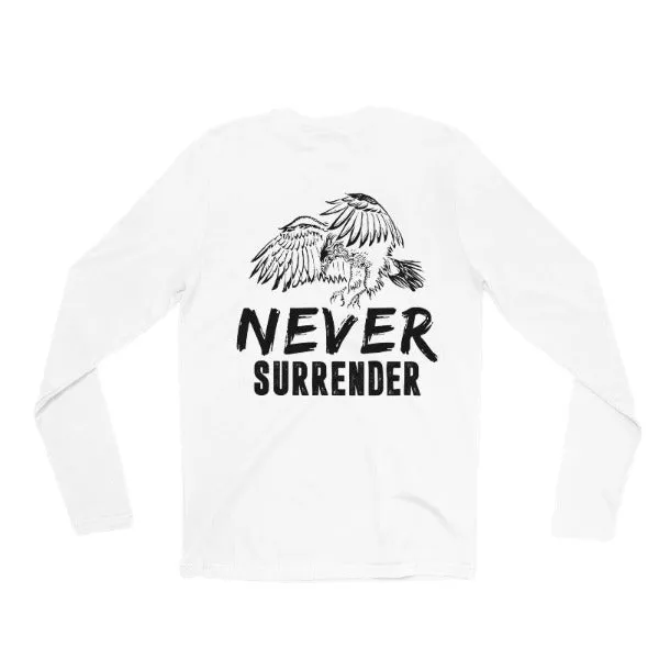 Premium Unisex Langarm-T-Shirt White Rückendruck/Never Surrender