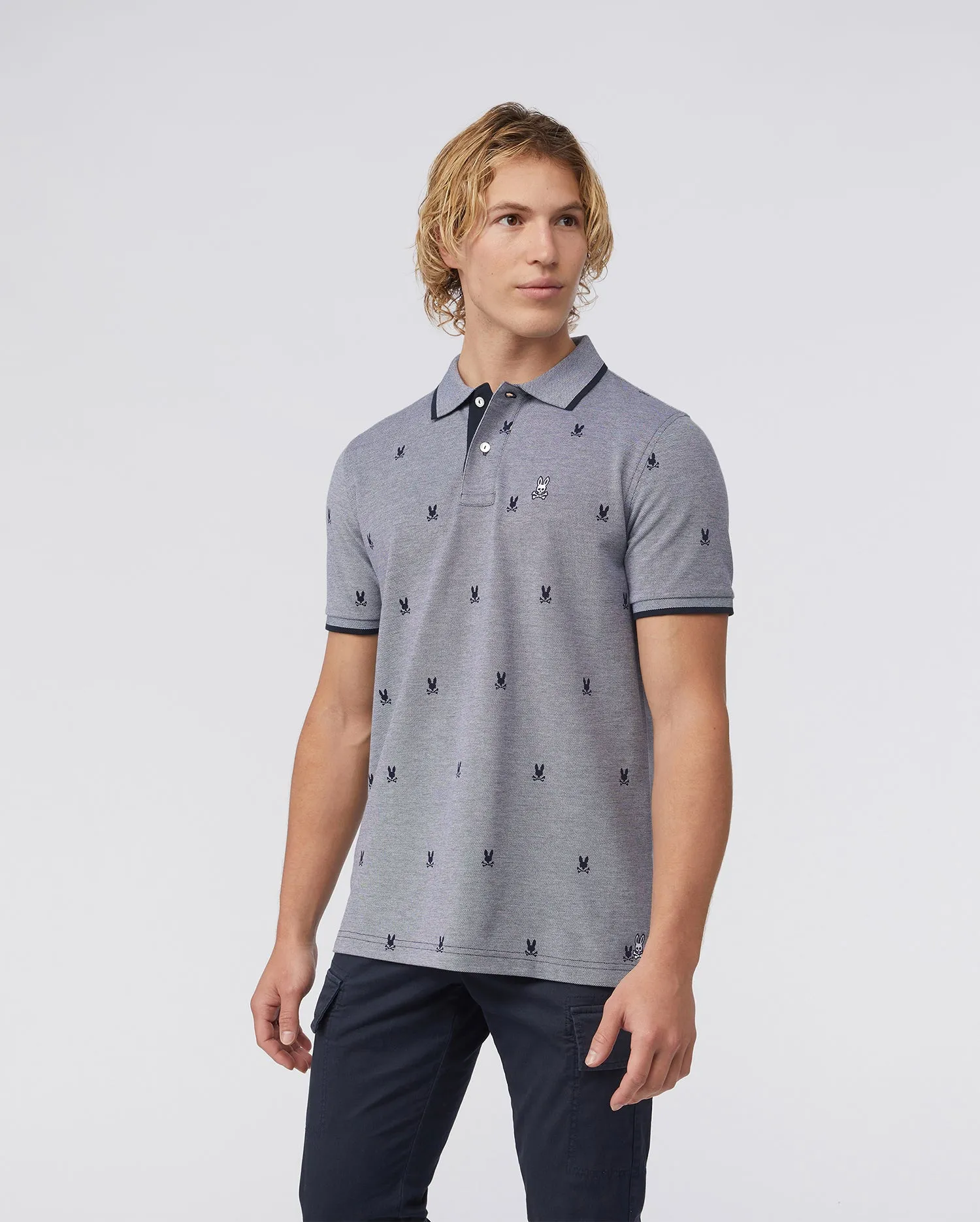 Psycho Bunny Mens Birdseye Printed Polo - Navy