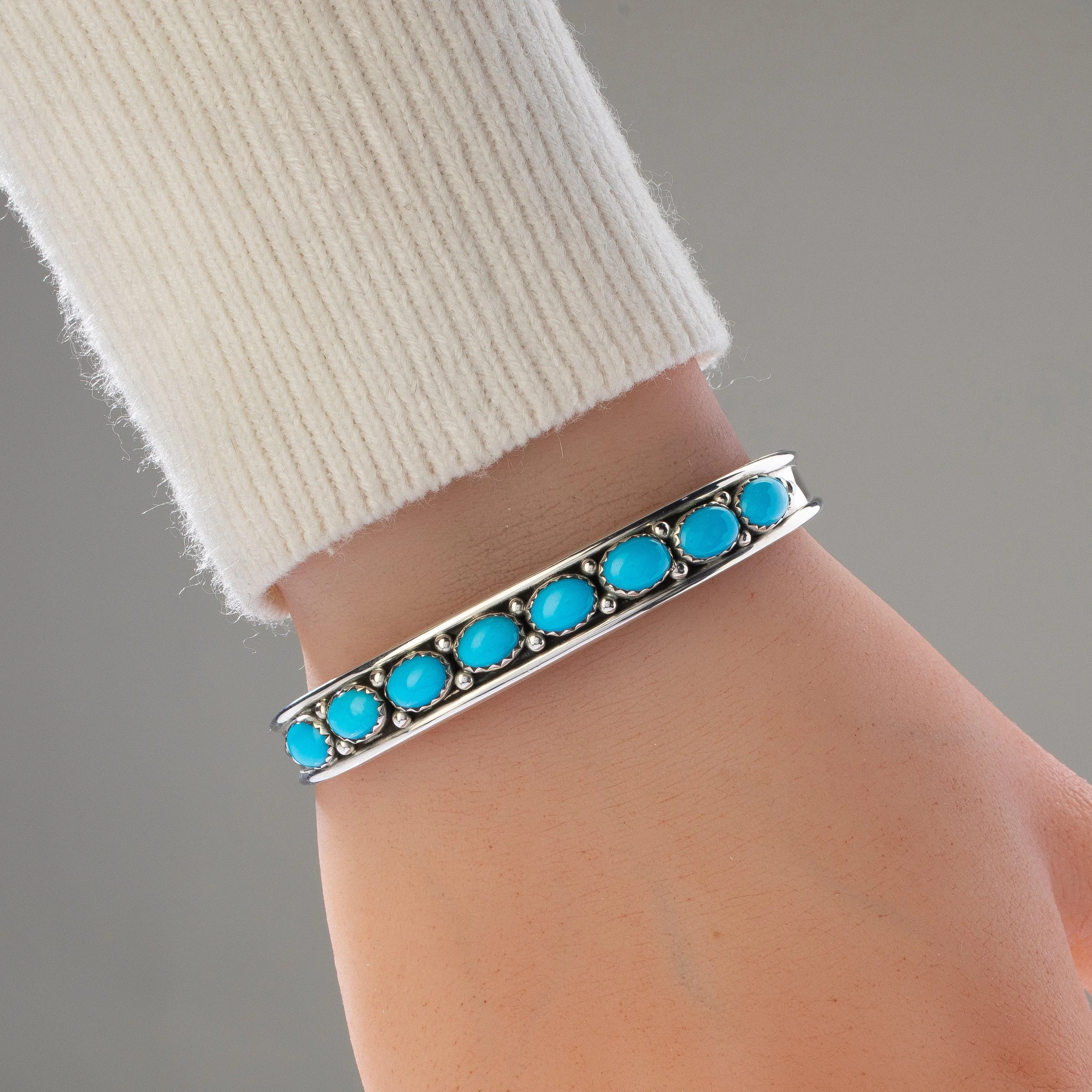 Russell Sam Navajo Sleeping Beauty Turquoise USA Native American Made 925 Sterling Silver Cuff