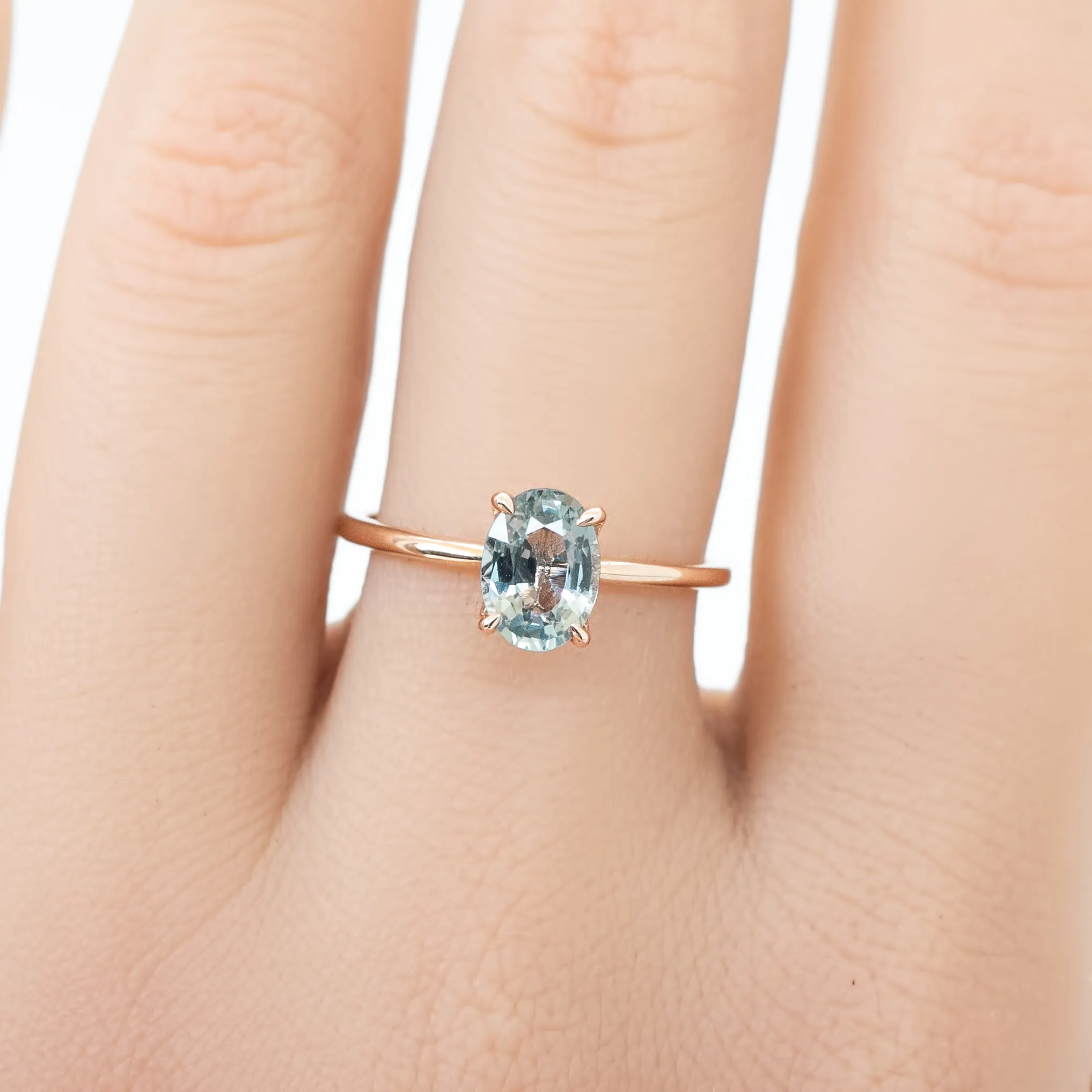 Sara Ring 1.31ct Light Blue Green Unheated Sapphire, 14K Rose Gold (One of a kind)