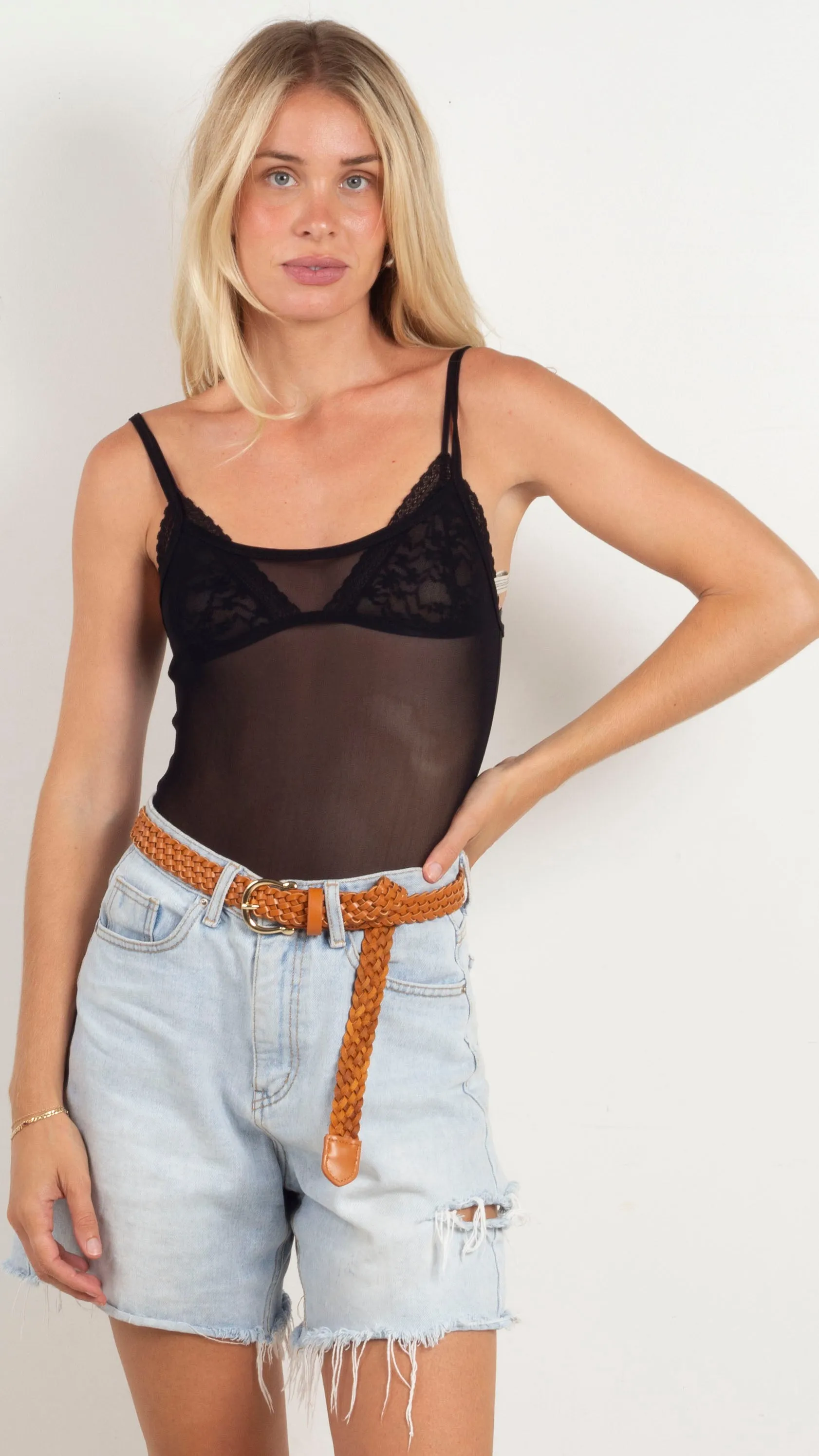 Sheer Mesh Cami Bodysuit - Black