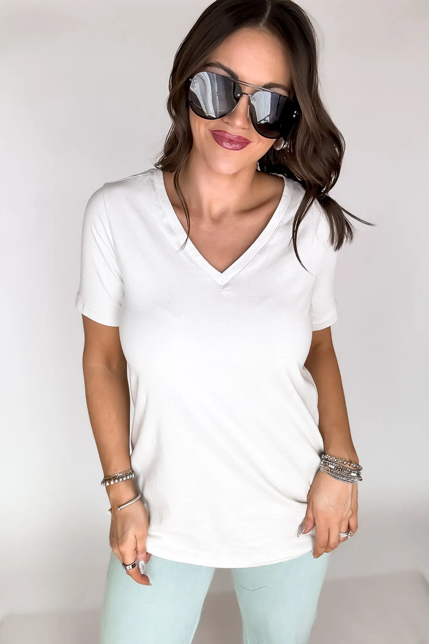 SR Basic Cotton Bone V-Neck Short Sleeve Tee Shirt