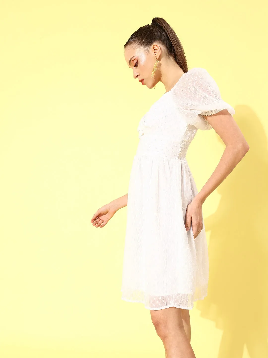 Style Quotient Women Classic White Self-Design Twist & Knot Dress