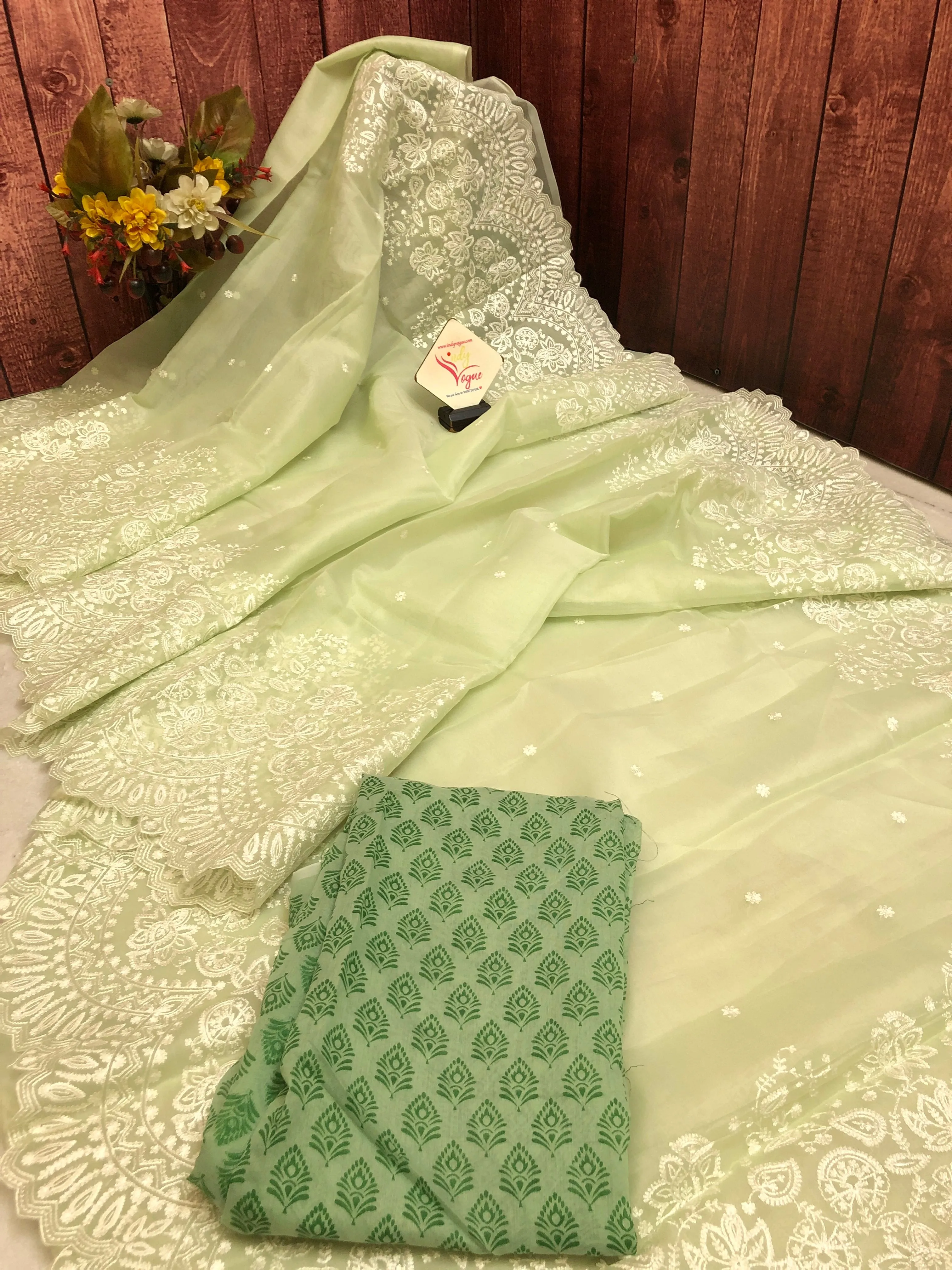 Tea Green Color Designer Organza Saree with Chikankari and scallops Border