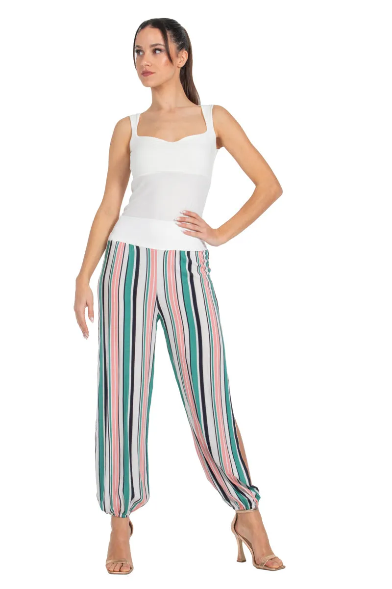 Turquoise & Pink Striped Gathered Tango Pants With Slits