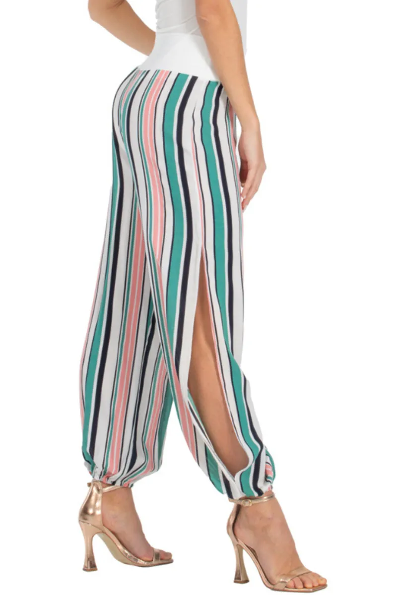 Turquoise & Pink Striped Gathered Tango Pants With Slits