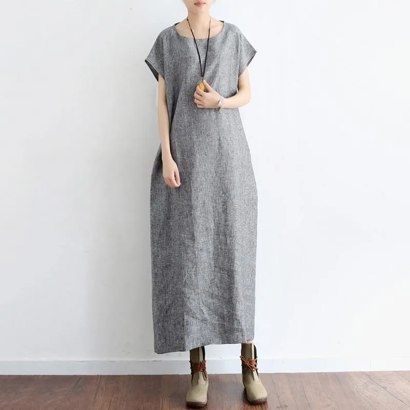 Women Solid Casual Summer Cotton Linen Short Sleeve Dress