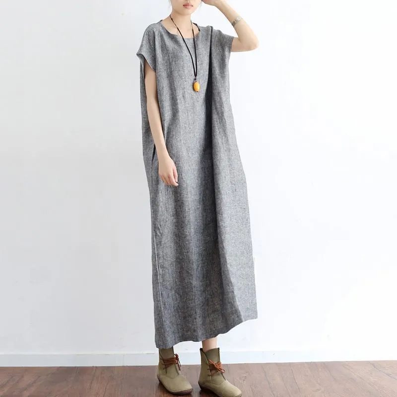 Women Solid Casual Summer Cotton Linen Short Sleeve Dress