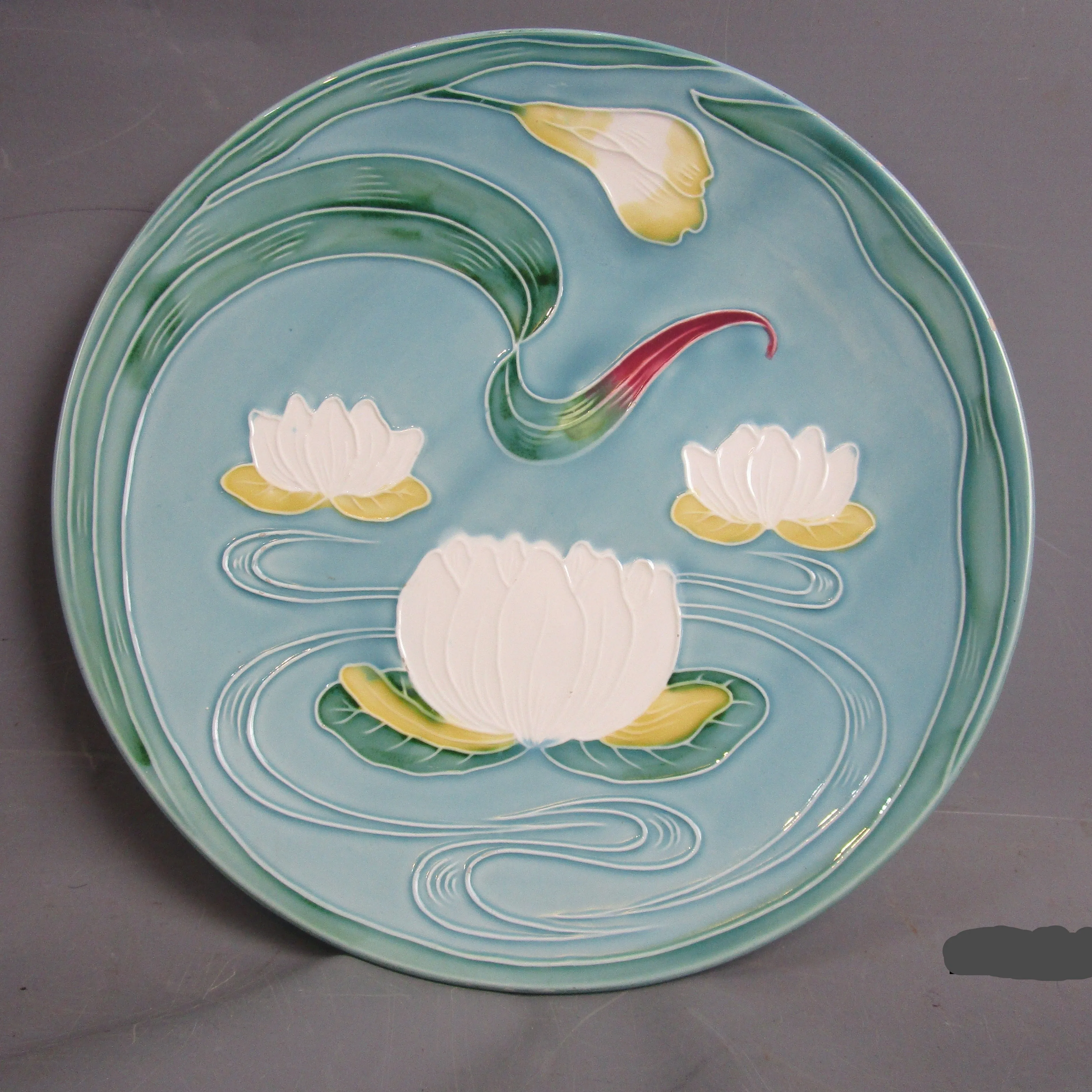 Zel Baden West German Majolica plate Water lilies In Pond Edwardian c1920